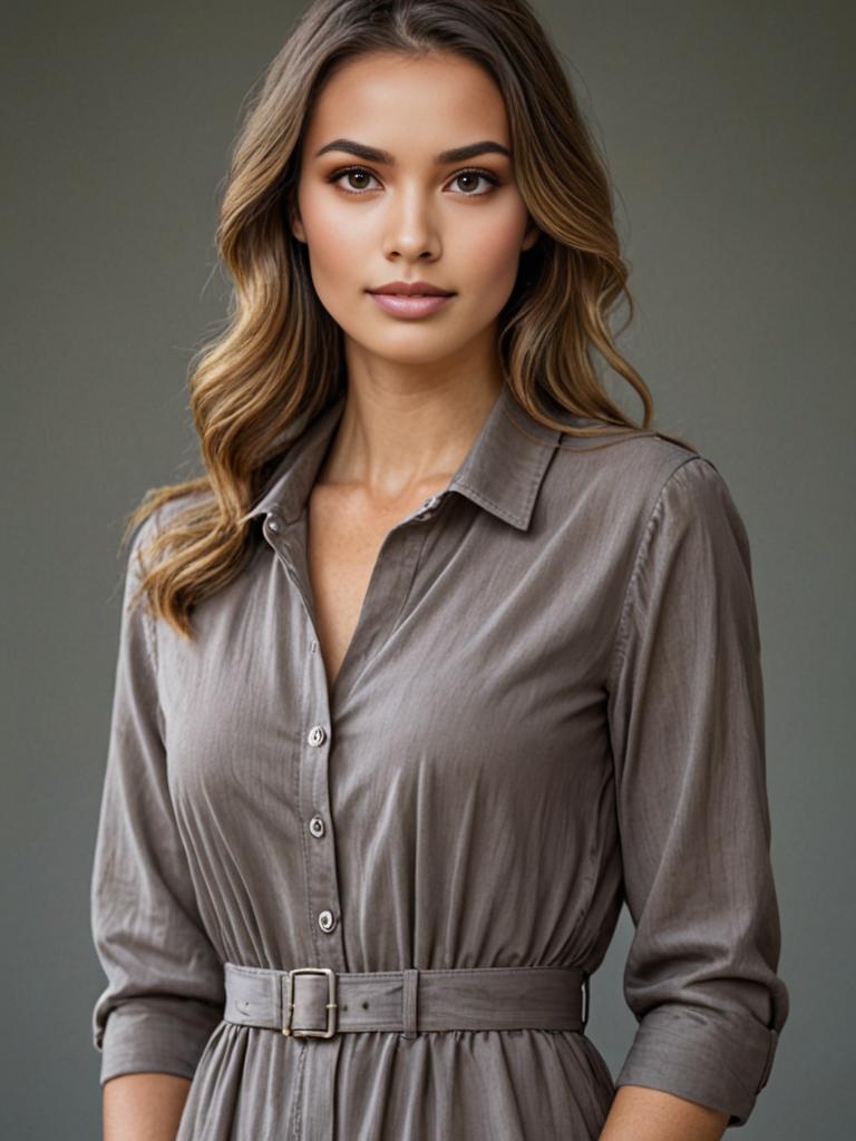 Young Woman in Stylish Taupe Shirt Dress