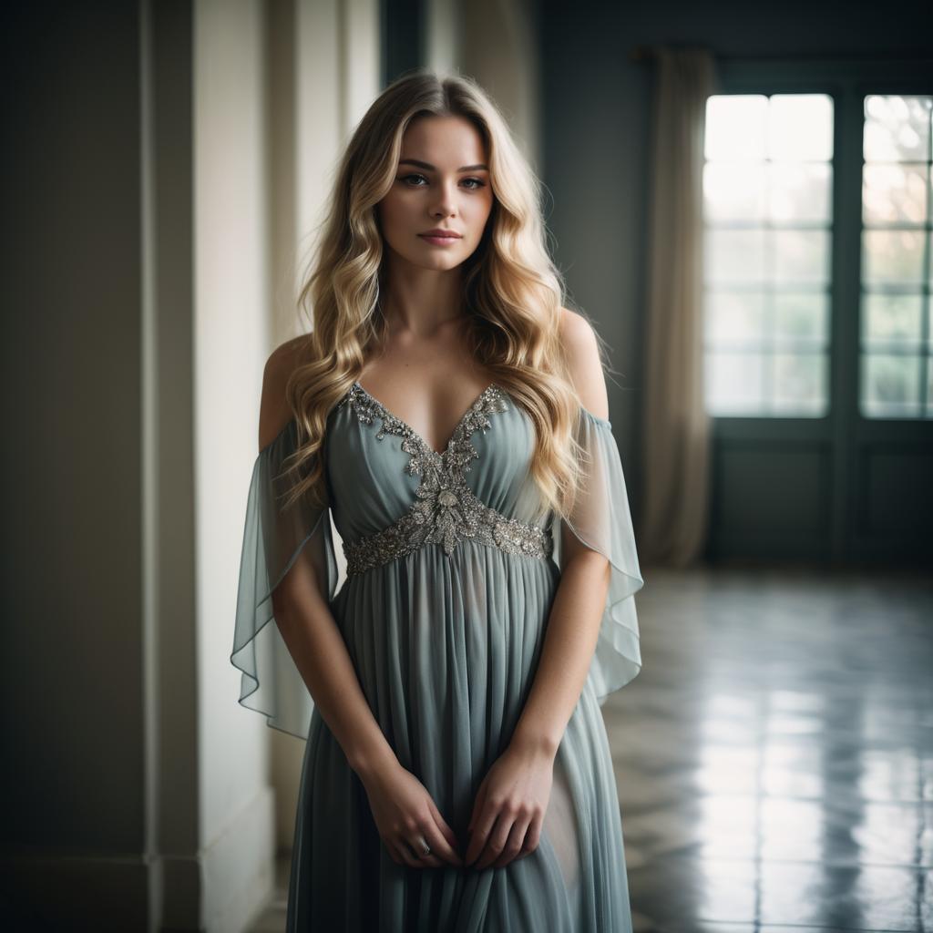 Elegant Blonde Woman in Embellished Evening Gown Indoors