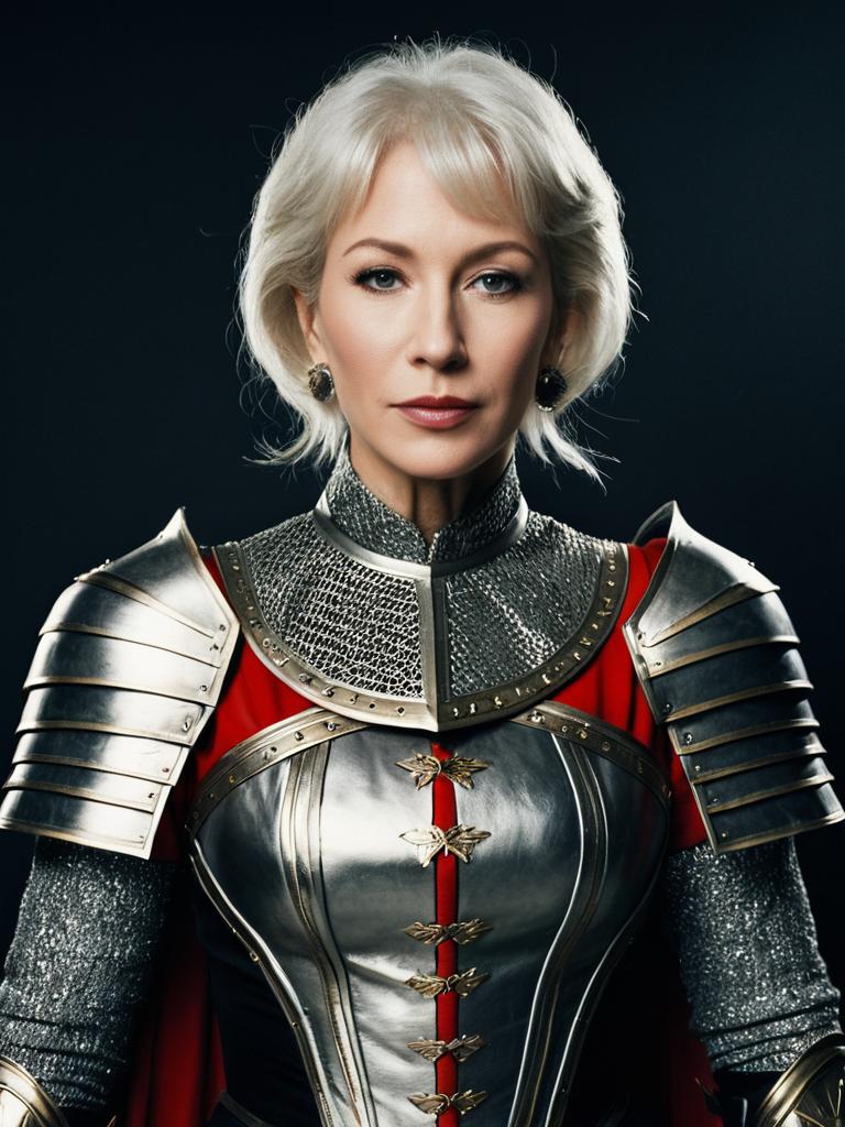 Photorealistic Woman in Excalibur-Inspired Helen Mirren Style Armor Costume