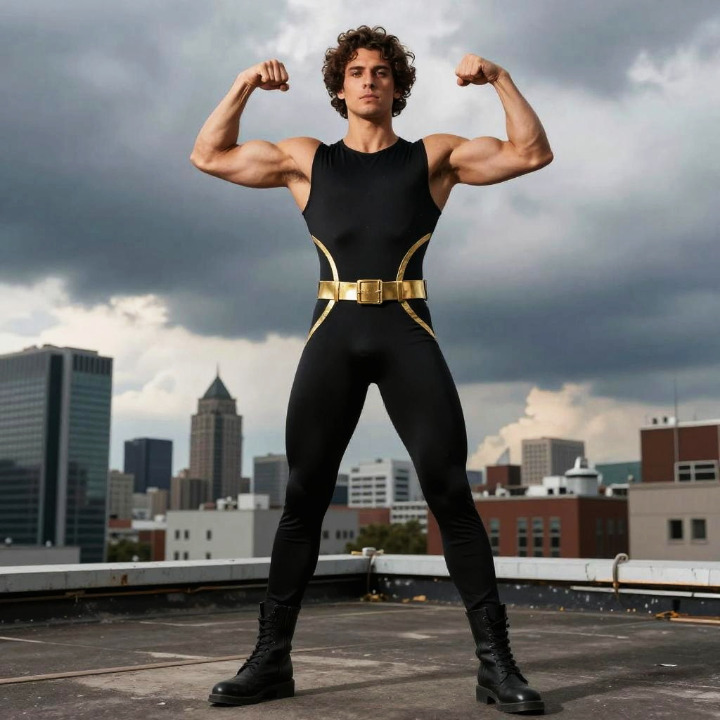 Confident Man in Sleek Black and Gold Bodysuit Flexing Muscles on Urban Rooftop