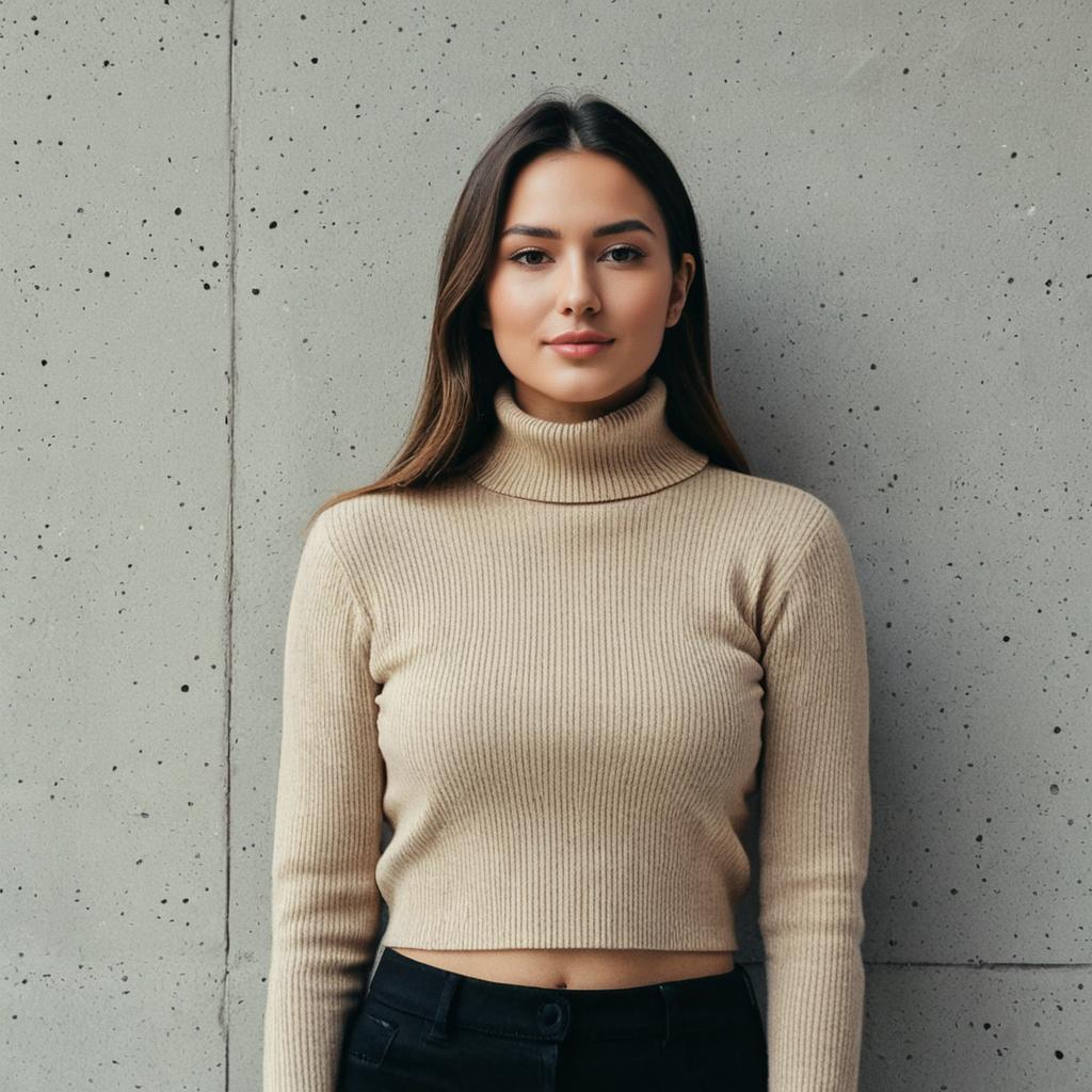 Young Woman in Beige Ribbed Turtleneck Crop Sweater Against Concrete Wall Young Woman in Beige Ribbed Turtleneck Crop Sweater Against Concrete Wall