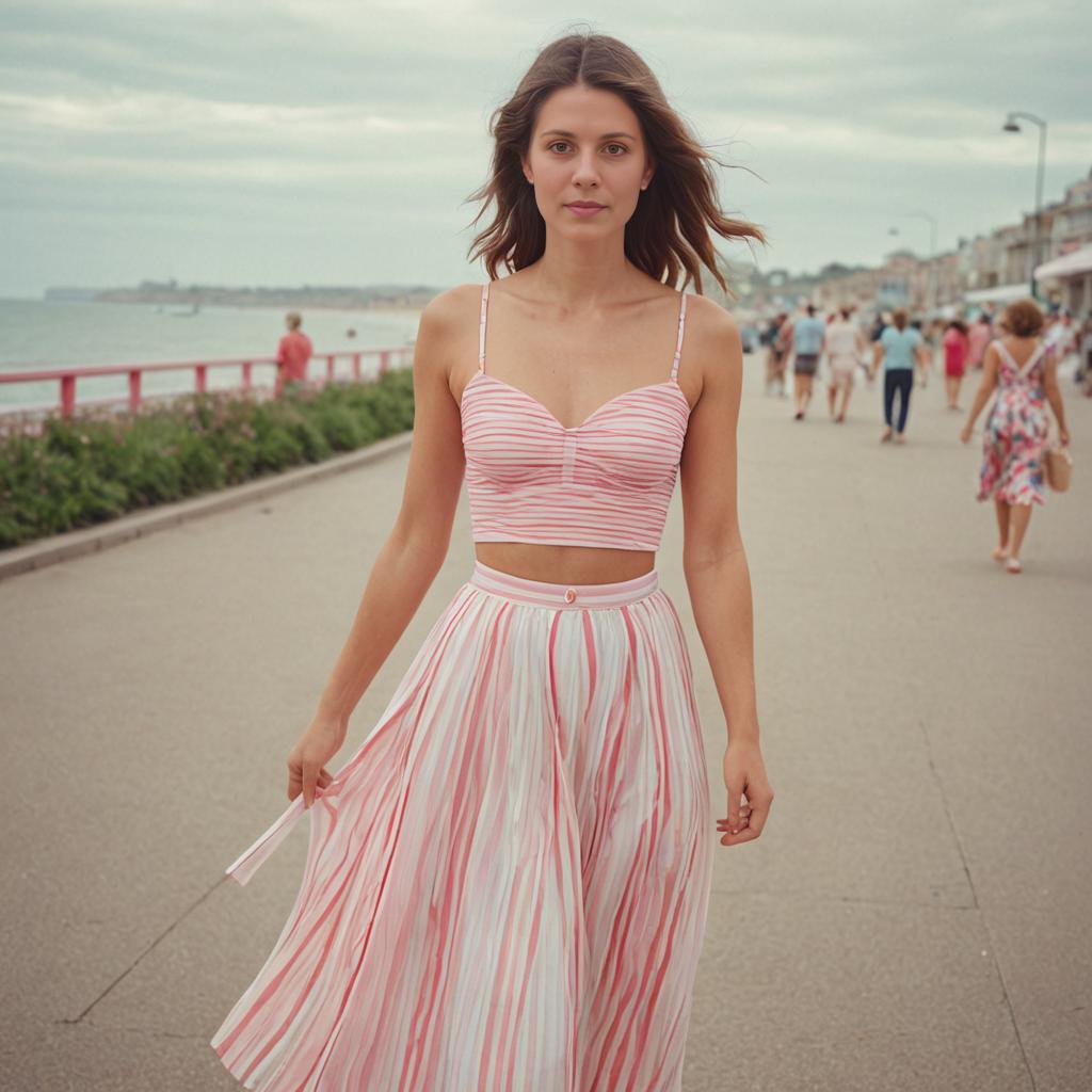 Woman in Chic Pink and White Stripes Walking on Beachside Promenade