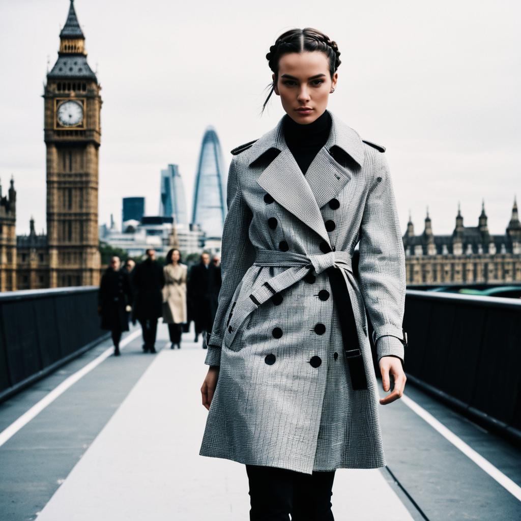 Fashionable Woman in Gray Trench Coat on London Bridge with Big Ben Background