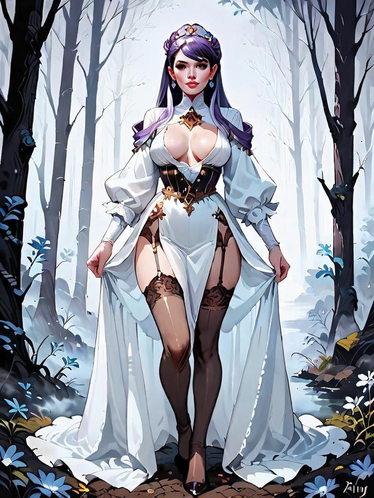 Dark Fantasy Woman in Medieval White Gown Full Body Illustration