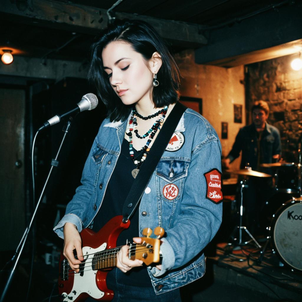 Young Woman Playing Bass Guitar in Indie Rock Band Performance