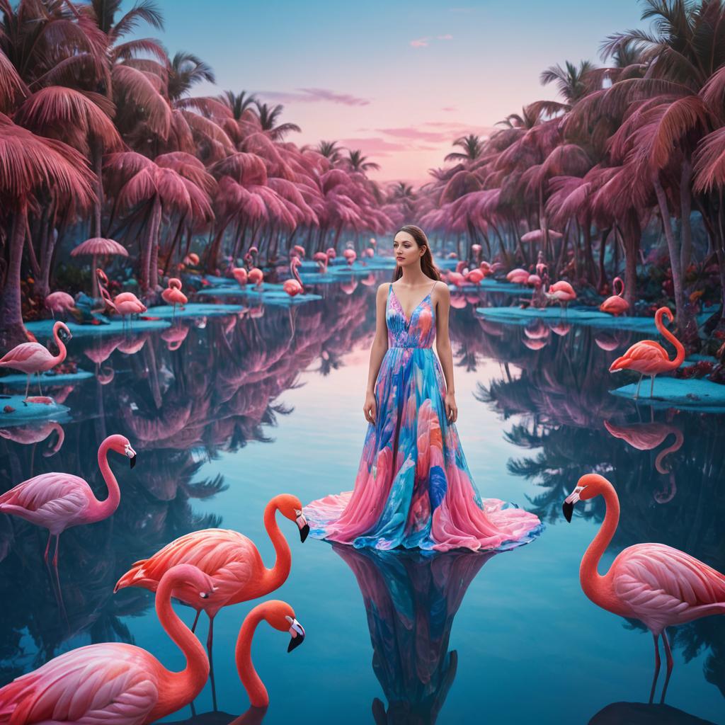 Woman in Vibrant Dress Amidst Surreal Landscape