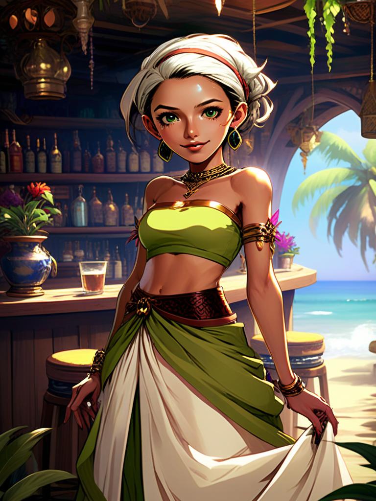 Stylized Young Woman in Tropical Beachside Bar