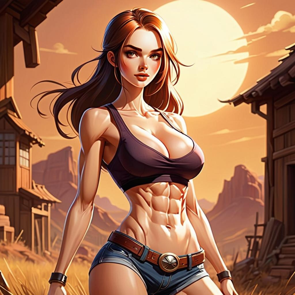 Athletic Woman in Desert Village at Sunset
