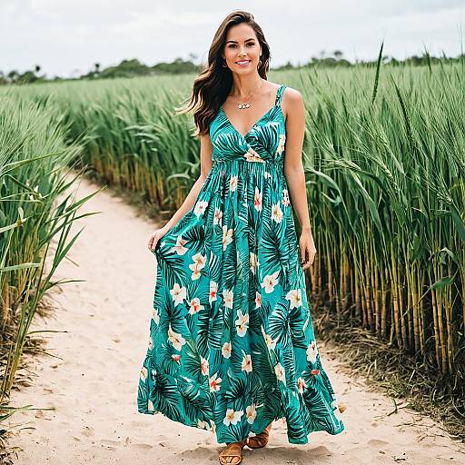 Woman in Turquoise Floral Maxi Dress on Sandy Path in Green Field