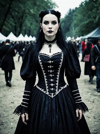 Woman in Elegant Gothic Gown at Gothic Fashion Festival