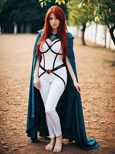 Fantasy Cosplay Woman in White Bodysuit with Teal Cape Morgiana