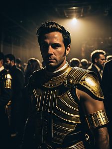 Man in Golden Caesar Style Armor Costume at Cosplay Event