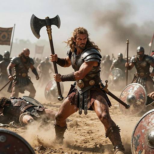 Ancient Warrior Fighting with Battle Axe on Dusty Battlefield