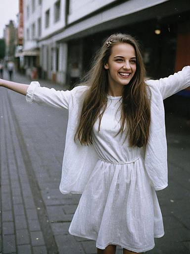 Joyful Woman in White Dress Smiling on City Street