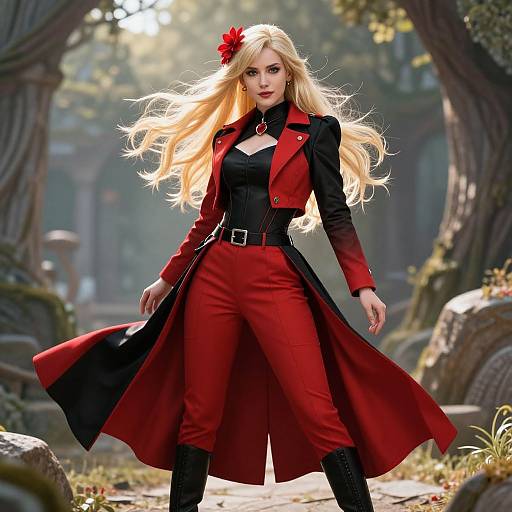 Elegant Woman in Red and Black Fantasy Costume Outdoors