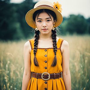 Young Woman in Vintage Mustard Dress in Natural Field