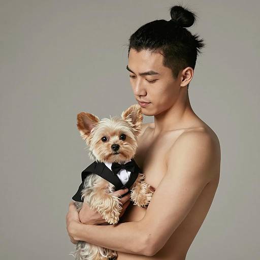 Young Man Holding Yorkshire Terrier in Tuxedo