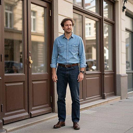 Man in Casual Denim Outfit Standing on City Sidewalk