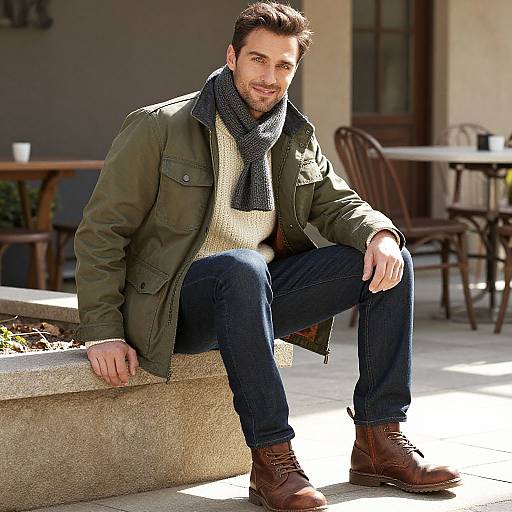 Casual Fall Fashion Man Wearing Green Jacket and Scarf Sitting Outdoors