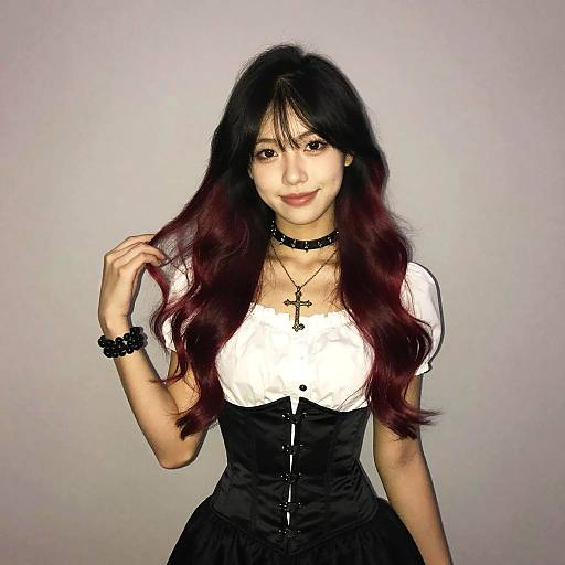 Young Woman in Modern Gothic Outfit with Black and Red Hair