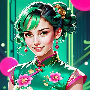 Young Woman with Green Hair in Traditional Dress