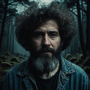 Man with Curly Hair in Misty Forest