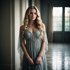 Elegant Blonde Woman in Embellished Evening Gown Indoors