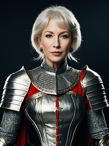 Photorealistic Woman in Excalibur-Inspired Helen Mirren Style Armor Costume