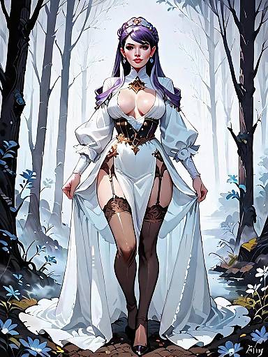 Dark Fantasy Woman in Medieval White Gown Full Body Illustration