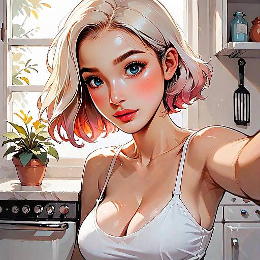 Stylish Young Woman Taking Selfie in Bright Kitchen – Anime Inspired Digital Art