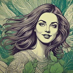 Woman with Flowing Hair Among Lush Green Leaves