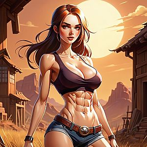 Athletic Woman in Desert Village at Sunset