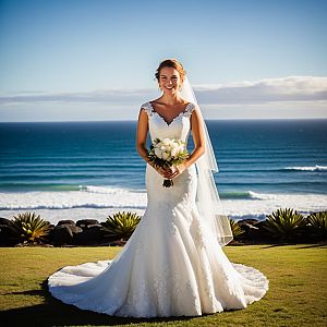 Smiling Bride in Lace Dress with Ocean Backdrop