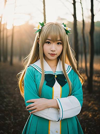 Realistic Kotori Minami Cosplay Woman in Forest at Sunset
