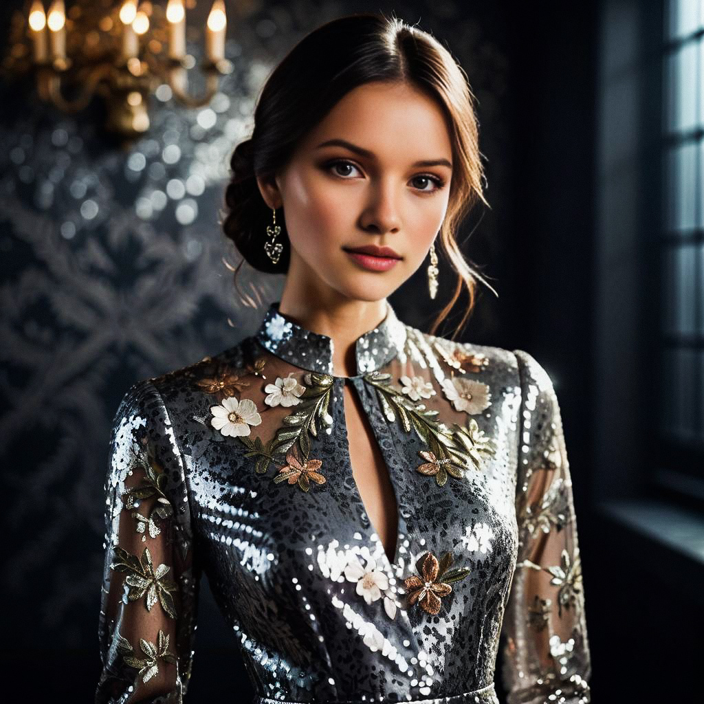Elegant young woman in silver dress