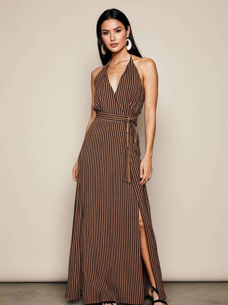 Elegant Woman Wearing Brown Striped Wrap Dress with Halter Neckline