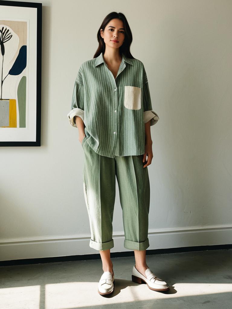 Woman Wearing Sage Green Relaxed Fit Shirt and Cuffed Trousers in Minimalist Interior