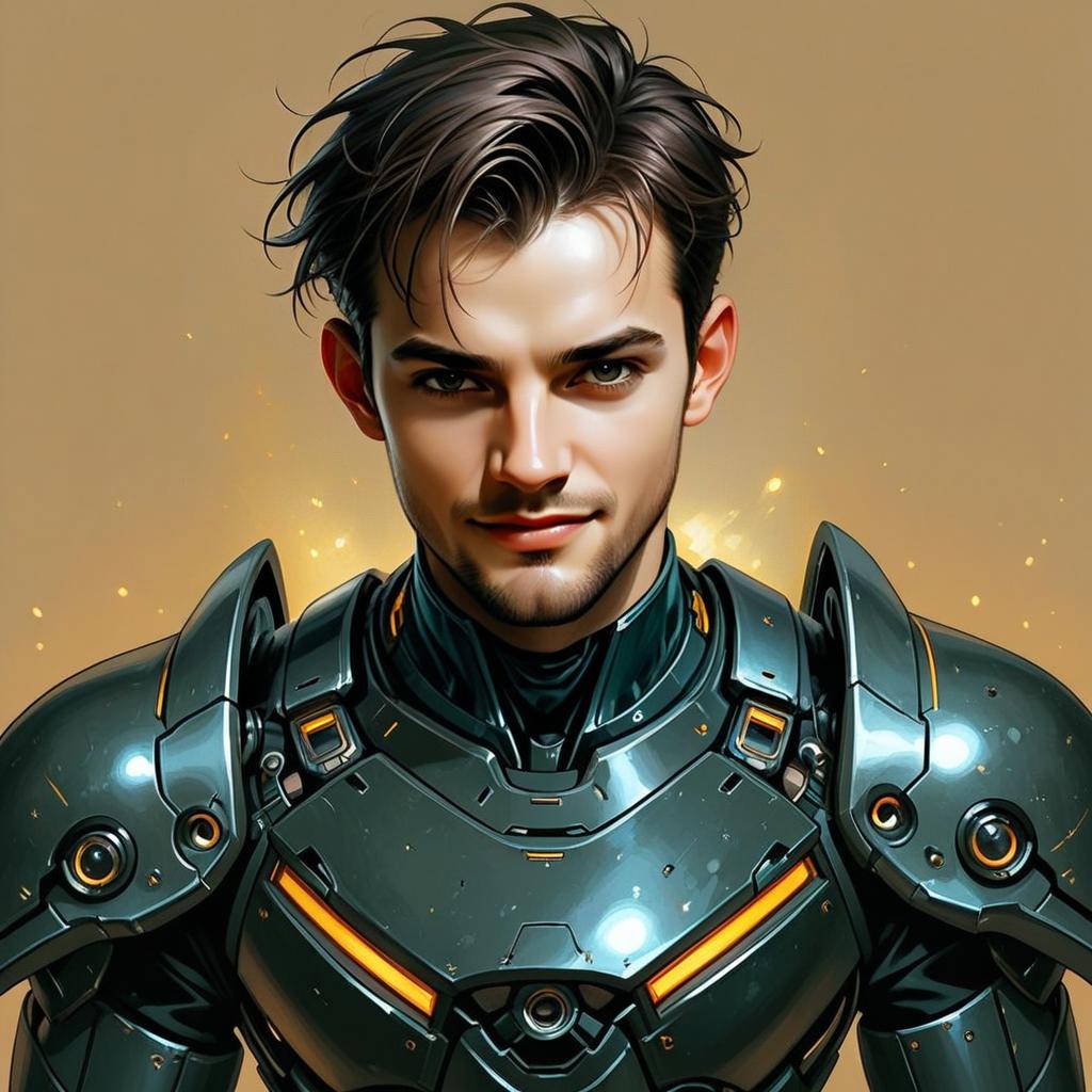Young Man in Futuristic Black Armor with Orange Accents Young Man in Futuristic Black Armor with Orange Accents