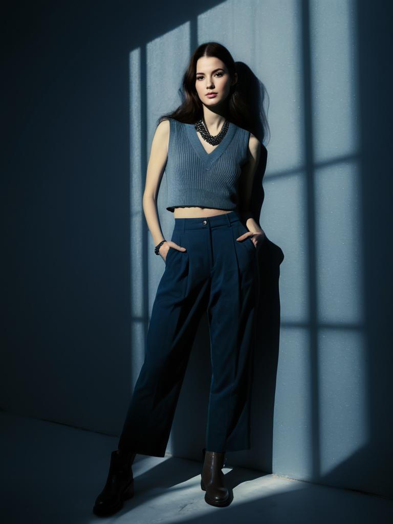 Casual Chic Woman Wearing Sleeveless Knit Top with V-Neck and Tailored Pants