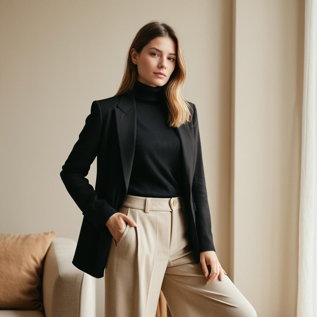 Confident Woman in Black Blazer and Beige Trousers Indoor Portrait