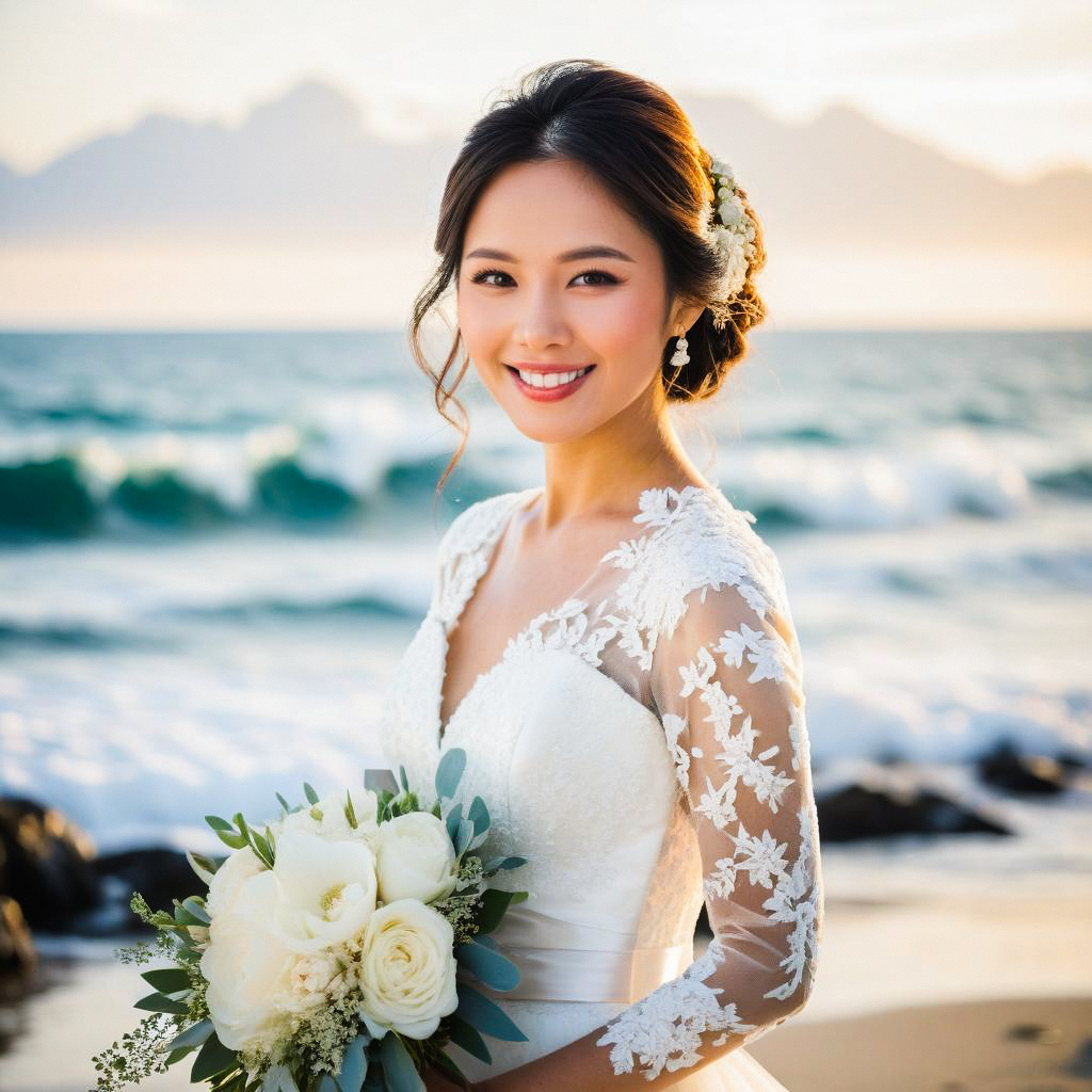 Joyful Bride in Lace Wedding Dress at Sunset Beach