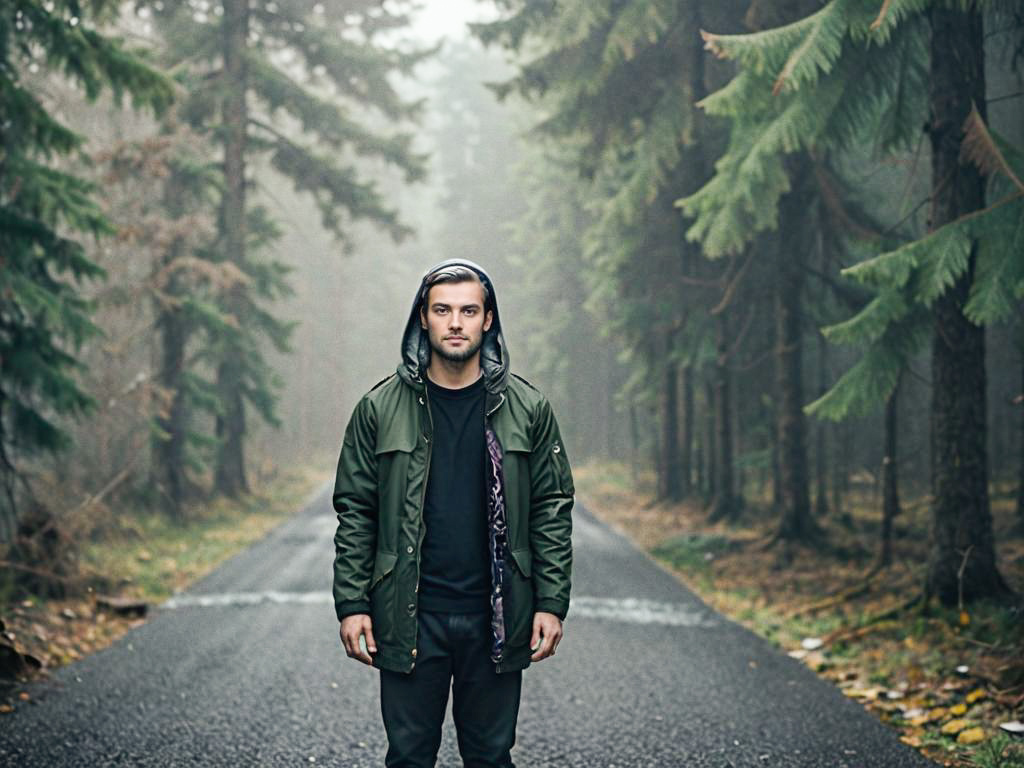 Man in Green Jacket on Misty Road