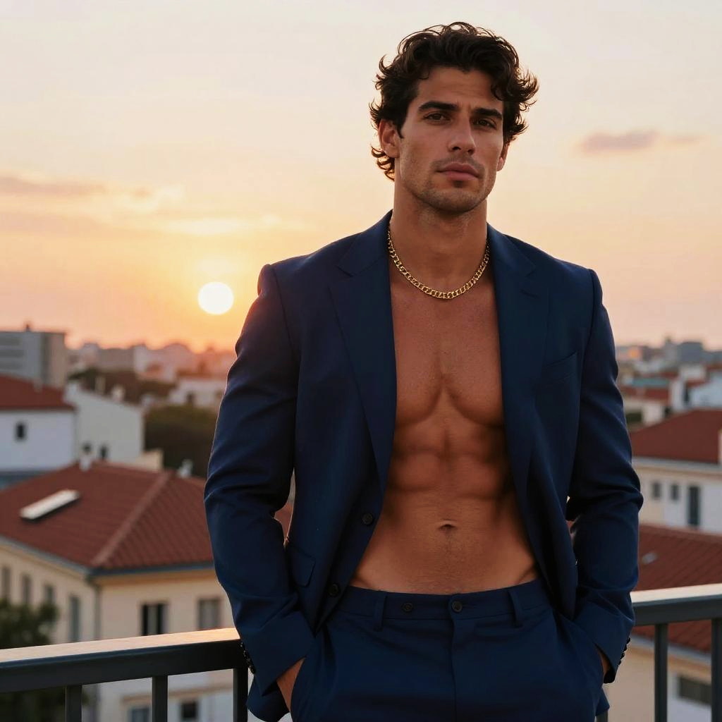 Stylish Shirtless Man in Navy Blue Suit with Gold Chain at Sunset Rooftop