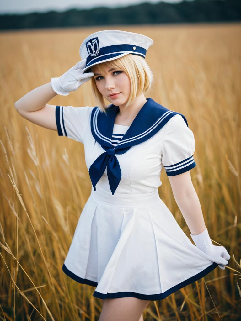 Young Woman in Sailor Uniform Posing in Wheat Field