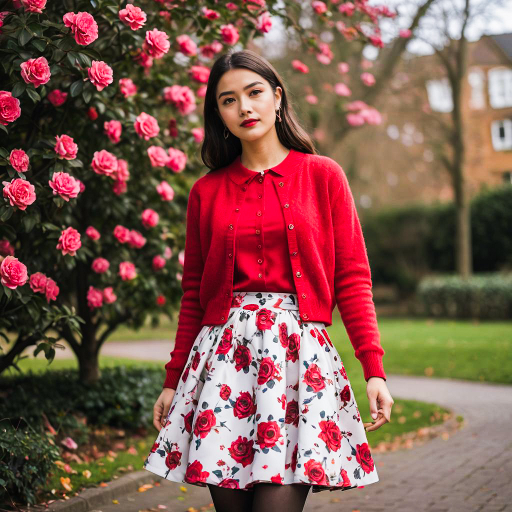 Stylish Woman in Red Cardigan Among Pink Roses