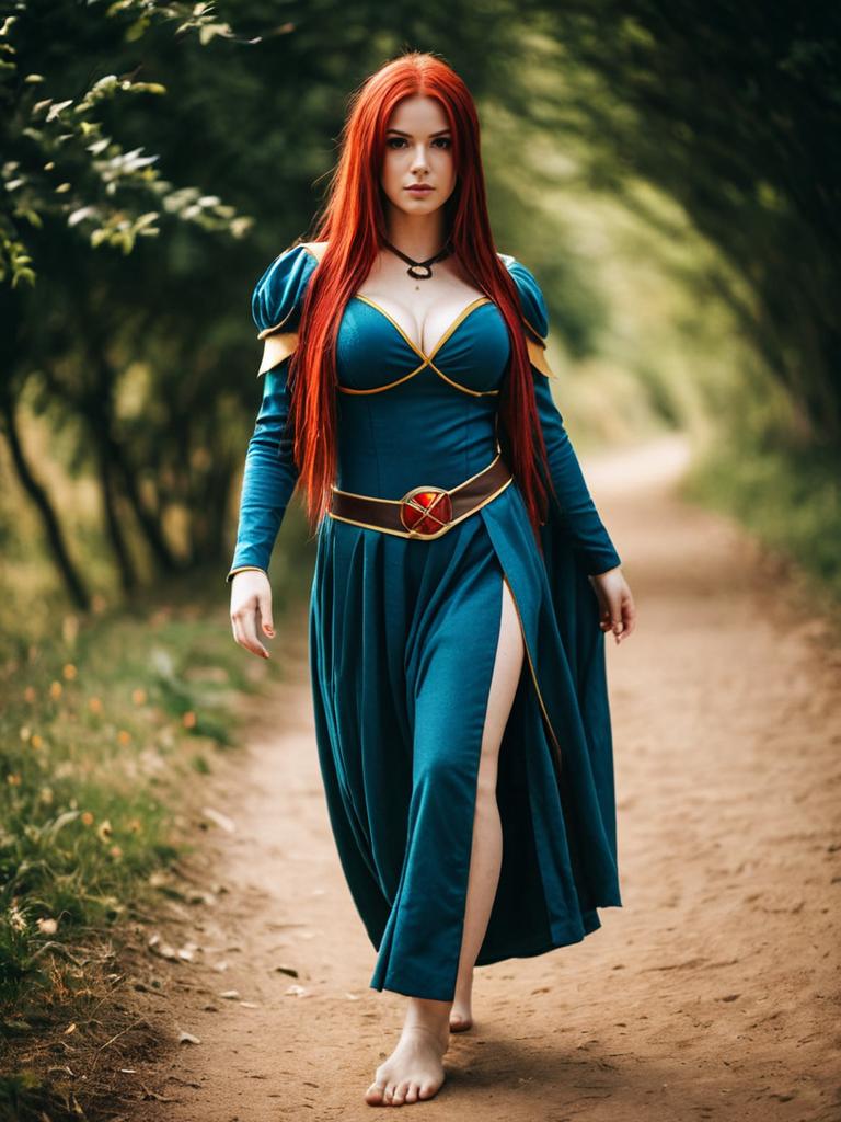Woman in Medieval Blue Dress with Red Hair Walking Outdoors Morgiana Cosplay