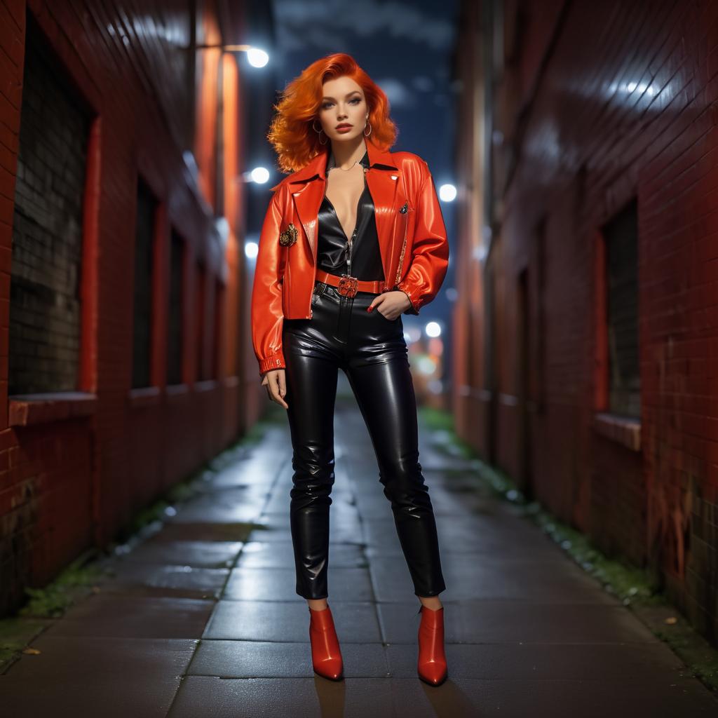 Confident Woman in Red Jacket in Urban Alley