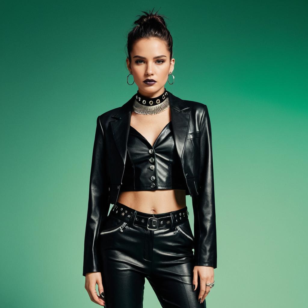 Edgy Chic Woman in Black Faux Leather Cropped Blazer and High Waisted Pants