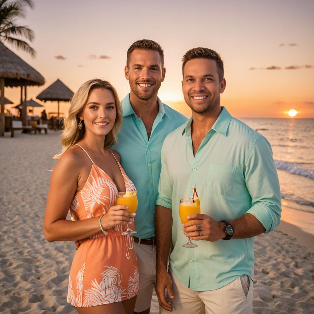 Couple and Friend Enjoying Sunset at Beach