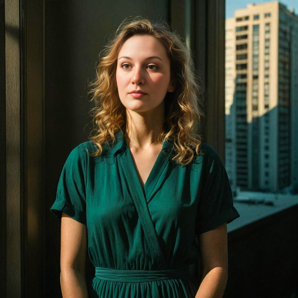 Thoughtful woman in green dress by window